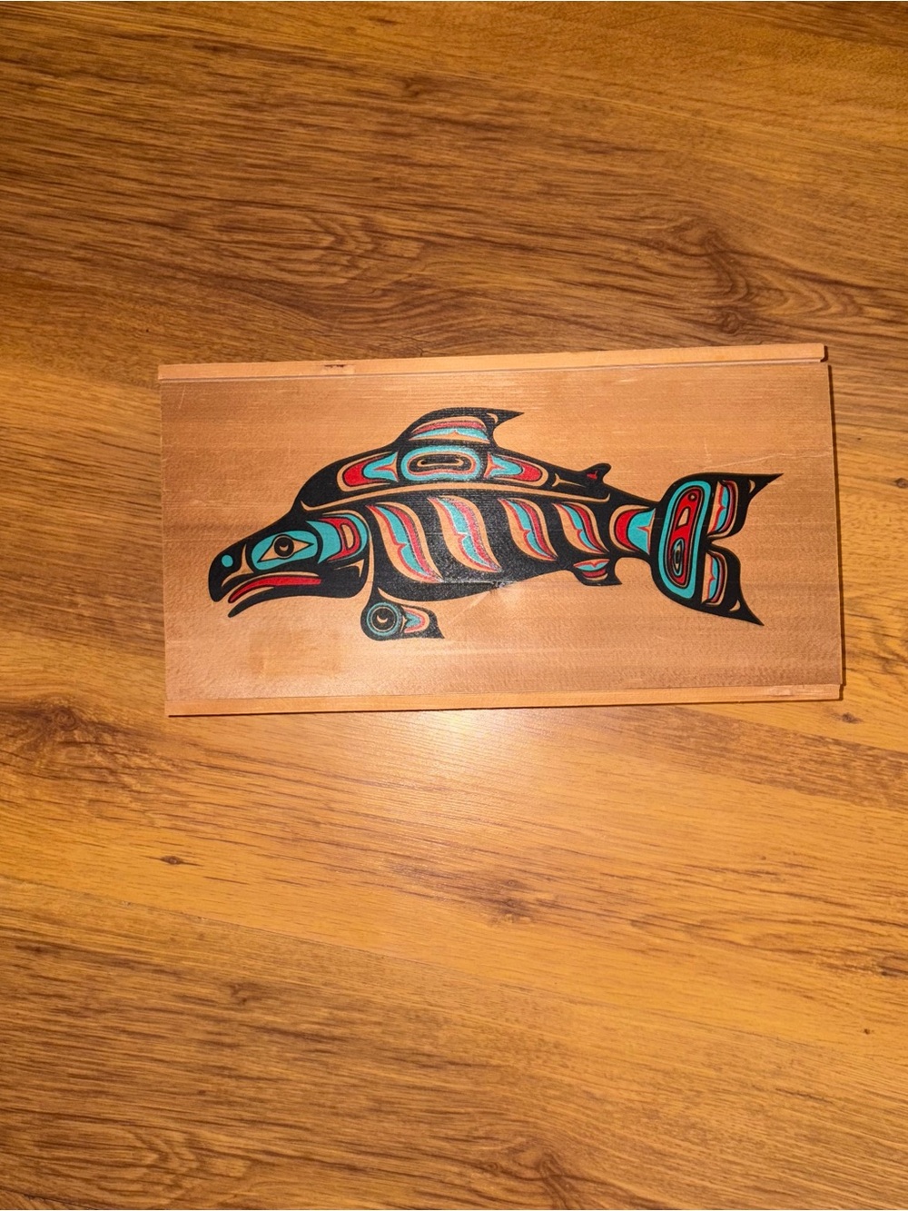 Hand-Painted Indigenous Style Fish Plaque in Turquoise, Red & Black